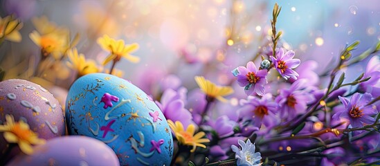 Fototapete - Beautiful Easter-themed image with colorful Easter eggs and lovely spring flowers, perfect for a copy space image.