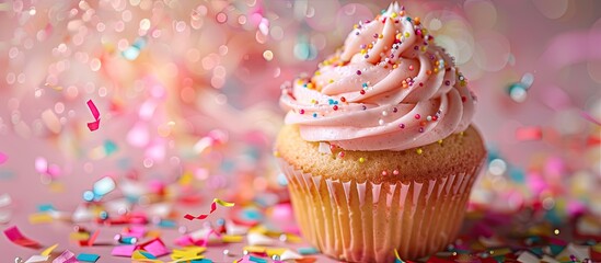 Aufkleber - Copy space image featuring a cupcake on a confetti background.