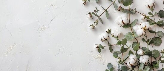 Aufkleber - Top view of delicate white cotton flowers and fresh eucalyptus twigs on a light gray background in a flat lay flowers composition with copy space image, ideal for a floral background or greeting card.