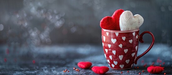 Poster - Valentine's day greeting concept with decorative hearts in cup on dark background, ideal for a copy space image.