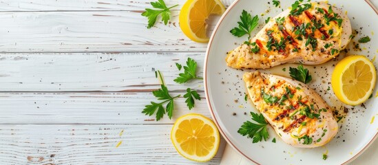 Aufkleber - Healthy chicken breasts topped with parsley and citrus on a white wooden backdrop in a top view copy space image.