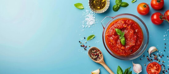 Poster - Glass saucepan with red tomato sauce on a blue backdrop with ample copy space image for kitchen, cafe, or restaurant.
