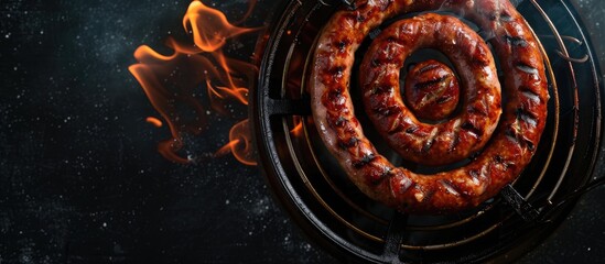 Canvas Print - Top-down view of barbecue grilled spiral pork sausages on a grill, set against a black background with ample space for additional content in the image.