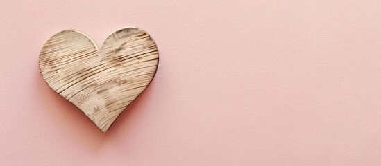 Wall Mural - Heart-shaped wooden decoration on a soft pastel backdrop of pink and cream, conveying a minimalistic concept of love with copy space image.