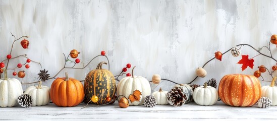 Leinwandbilder - Fall-themed setup with pumpkins and decorations on a rustic white table. Ideal for autumn concepts or messages with available copy space image.