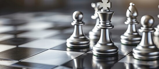 Poster - A close-up image of a black and silver chess set on a chessboard with a subtle corner shadow, symbolizing business, strategy, competition, and creativity with copy space.