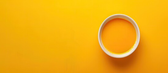 Poster - Yellow baked pepper soup puree in a light bowl on a bright backdrop, with room for text, ideal for adding a copy space image. Top view emphasizes presentation.