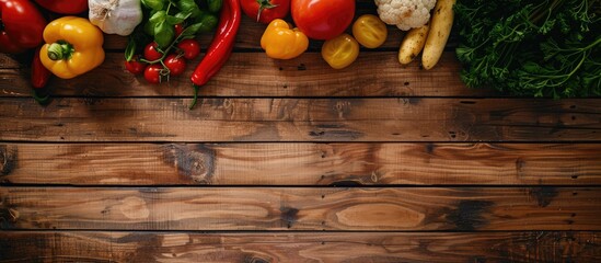 Leinwandbilder - Top view of vegetables arranged on a wooden table with copy space image.