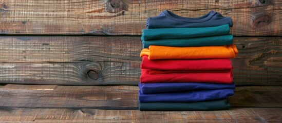 Colorful t-shirts stacked on a wooden backdrop with copy space image.