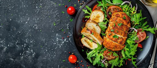 Poster - Healthy meal option of chicken meatloaf paired with a fresh salad and toast, perfect for lunch or dinner, with a blank area in the image for text or graphics. Copy space image