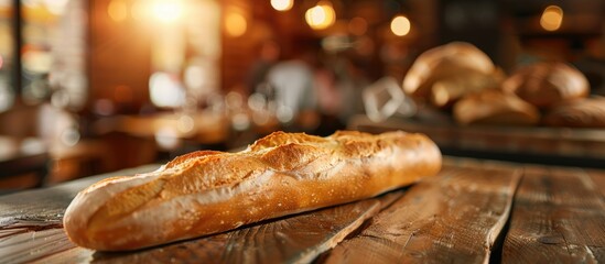 Poster - French baguette slice on wooden surface in a cozy restaurant setting. Tender and appetizing; perfect with butter or jam. Ample copy space image available.