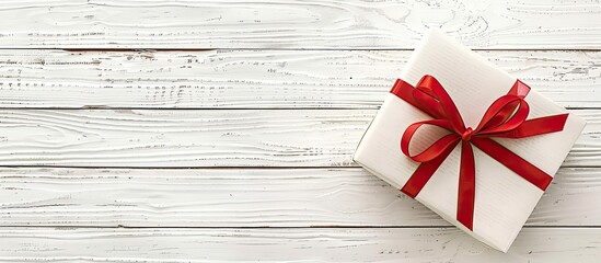 Canvas Print - Gift box with a thin red ribbon placed on a white wooden table with copy space image.