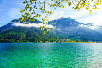 Wall Mural - View of Lake Achensee in Tyrol. Nature at the turquoise lake and a mountain landscape in the background. Achental in Austria.
