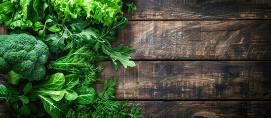 Poster - Fresh green vegetables displayed on a wooden surface, conveying a concept related to detox, diet, or healthy eating, with abundant copy space image.