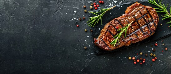 Canvas Print - Top view of a grilled beef steak on a black stone table with enough space for additional content in the image.