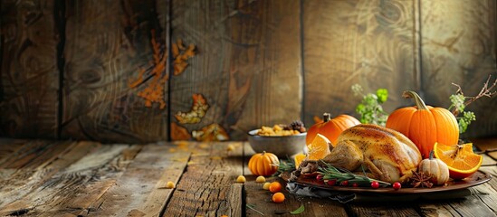 Poster - Traditional Thanksgiving holiday food displayed with pumpkins on a rustic old wooden table, with ample copy space image for text or design elements.