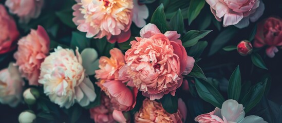Fototapete - A greeting card design featuring a beautiful bouquet of peonies with ample copy space image for text.