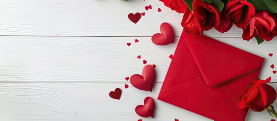 Poster - Valentine's Day greeting card featuring romantic hearts on a white background with a red envelope. Includes a flat lei and space for text in the image. Copy space image