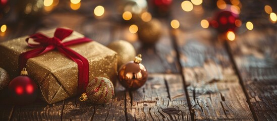 Fototapete - Christmas ornaments on a wooden table with a golden gift box, creating a festive background with copy space image.