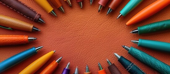 Sticker - Top view of a variety of colorful leather pens in a concept shot with blank space for text against a special background. Copy space image. Place for adding text and design