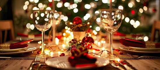 Poster - Festive holiday table setting with fairy lights background for Christmas, with room for additional images.