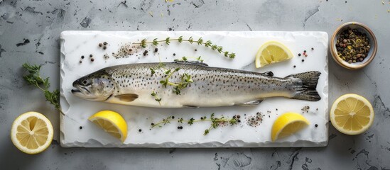Poster - Trout with lemon and spices is displayed on a white stone board against a gray background with ample copy space image for text in a flat lay composition.