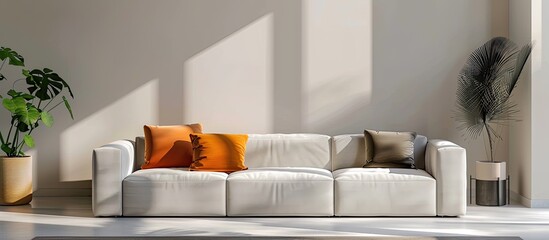Wall Mural - Modern and comfortable couch positioned next to a bright wall in the living room, with copy space image.