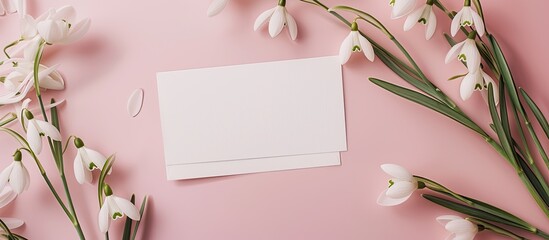 Poster - Snowdrops and a greeting card on a pink backdrop with copy space image.