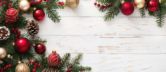 Poster - White wooden background with Christmas decorations providing a copy space image for your text.