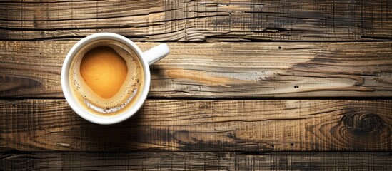 Aufkleber - Top view of a coffee cup on a wooden surface with empty space for an image. Copy space image. Place for adding text and design