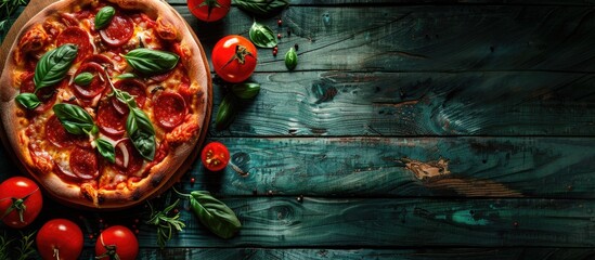 Aufkleber - Italian pizza topped with pepperoni, tomatoes, cheese, and herbs served on a rustic wooden table with a vintage backdrop offering copy space image.