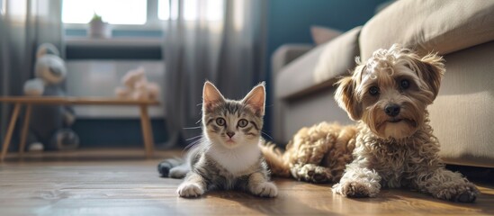 Poster - Indoor scene with a cat and a dog as fluffy friends on the floor with copy space image.