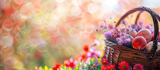 Aufkleber - Background for Easter with a basket of Easter eggs and spring blooms, ideal for copy space image.