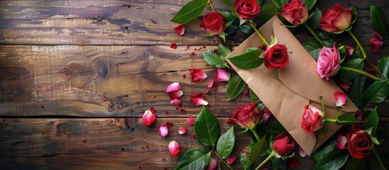 Poster - Rustic St. Valentine's Day-themed letter mockup with roses, ideal for your text, displayed in a flat lay top view photo with copy space image.
