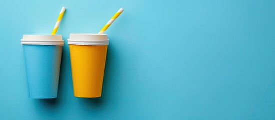 Poster - Top view of blue and yellow paper cups with a straw set on a blue background, with a clear area for additional content, known as a 'copy space image.'