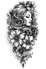 Wall Mural - A woman with long hair and a flowery design on her arm. The flowers are black and white