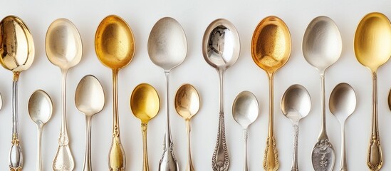 Poster - Gold and silver spoons on a white backdrop provide a striking contrast, creating an elegant display with copy space image.