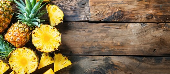Aufkleber - Whole and sliced pineapple on a wooden surface with copy space image.