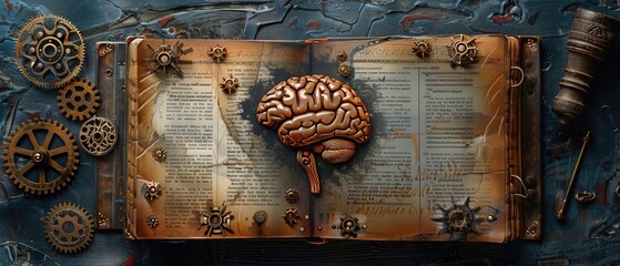 Wall Mural - Concept of education and success. Online education, new idea. Collage with a brain, gears, book
