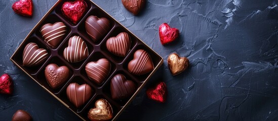 Wall Mural - Valentine's Day heart-shaped chocolate pralines in a gift box, top view with copy space image.
