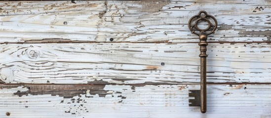 Aufkleber - Antique key mounted on rustic white planks conveying a concept of success, with copy space image.