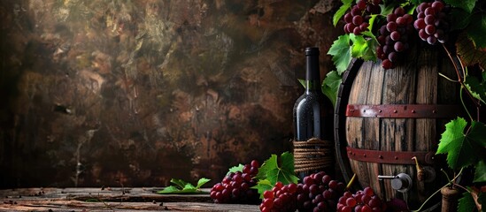 Poster - An old wine barrel with a wine bottle, grapes, and vine leaves in front, creating a rustic scene for a potential copy space image.