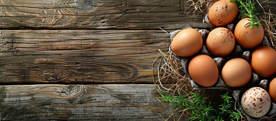 Poster - Top view of fresh organic eggs on a rustic wooden table background with copy space image for an Easter concept in a countryside setting.
