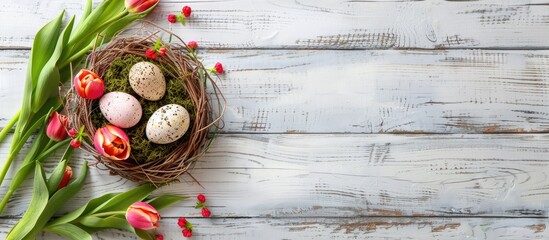 Fototapete - Easter-themed greeting card with eggs in a nest, tulip bouquet, and moss on a rustic white wooden backdrop. Top view flat lay with space for text or image. Copy space image