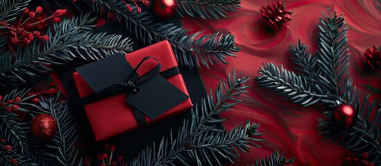 Poster - Festive Christmas and New Year gift box with tag, adorned in red and black hues, accompanied by fir branches, embodies the essence of the holiday season, celebration, and winter. Ideal for a copy