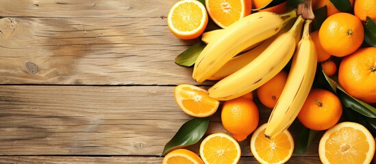 Poster - Juicy fruits like bananas and mandarins on a wooden table with copy space image.