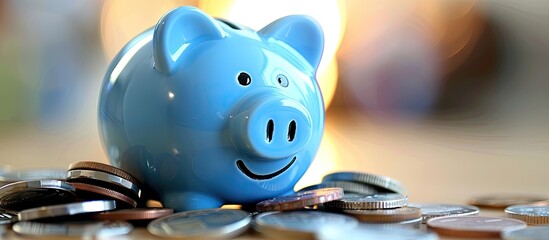 Poster - Blue piggy bank filled with coins, symbolizing the concept of lifelong savings, with copy space image.