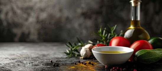 Wall Mural - On the table sits a fresh bowl of olive oil accompanied by vegetables and spices, creating a lovely display with copy space image.