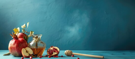 Aufkleber - Jewish New Year celebration imagery with honey jar, apples, pomegranate, and shofar on blue backdrop, allowing for text placement with copy space image.
