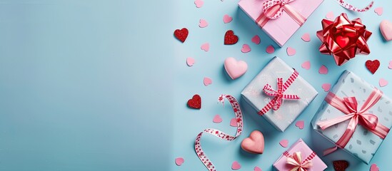 Canvas Print - Valentine's Day celebration with lovely gift boxes on a light blue backdrop, ready for your message in the copy space image.